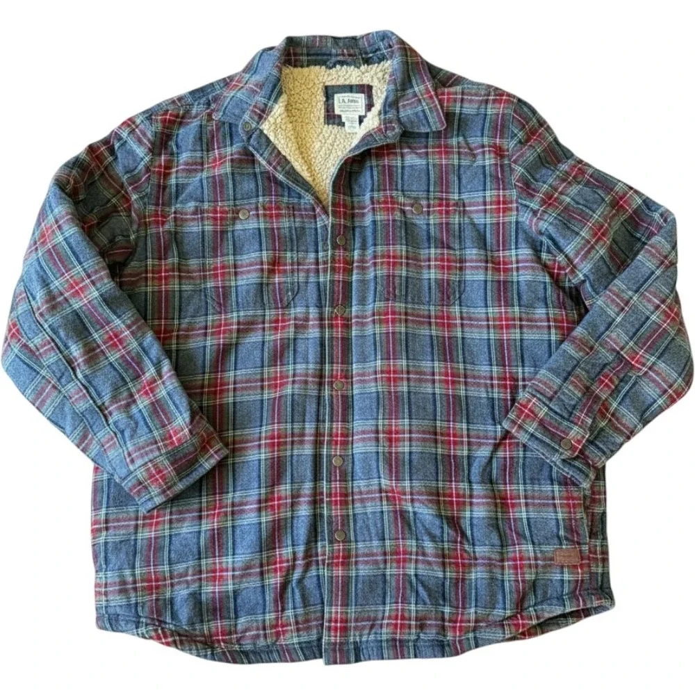 LL Bean Mens Sherpa Lined Flannel Shirt Jacket Blue Red Plaid XL 505647